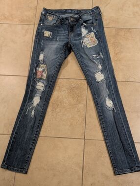 Grace in LA Patchwork Distressed Boho Skinny Jeans Size 27
